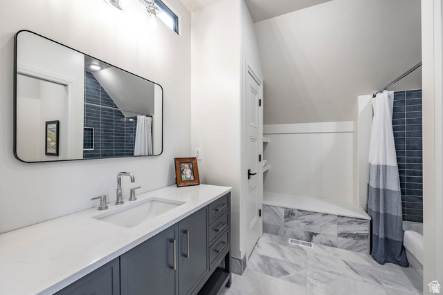 3247 South Mapleton Estates Drive Mapleton, UT 84664 - Photo 55 of 70 Full bath with vanity and lofted ceiling