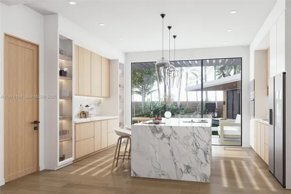 a living room with furniture and a large window with outer view
