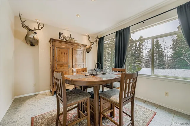 a view of a dining room with furniture window and outside view