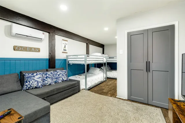 a living room with furniture and a table