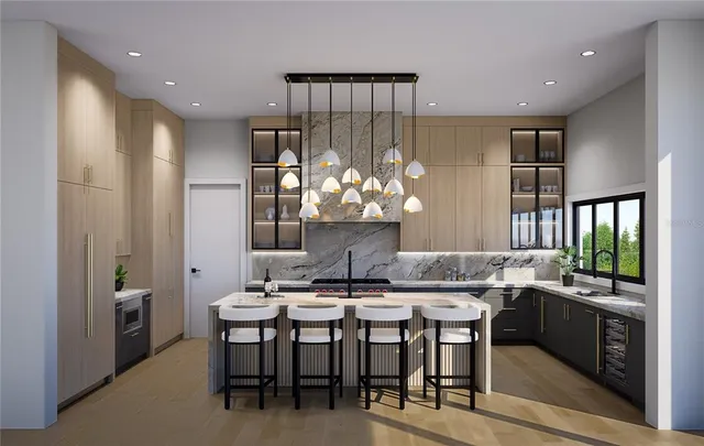 a kitchen with a table chairs stove and cabinets