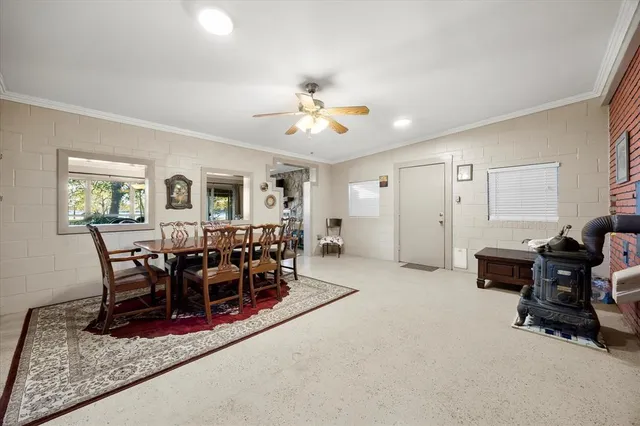 a view of a dining room with furniture