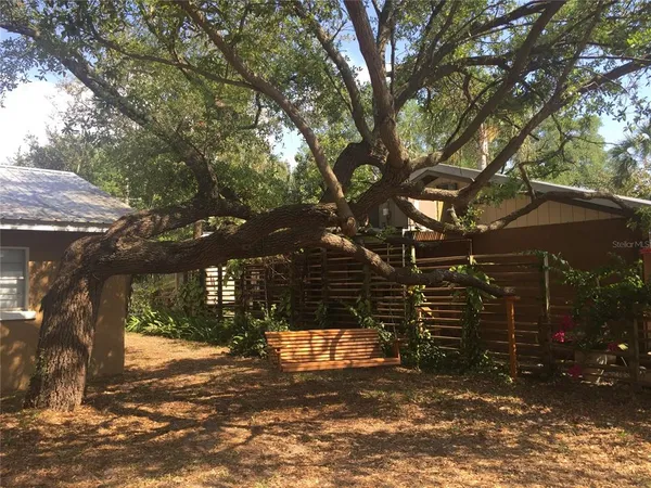 a view of a pathway of a house with a tree