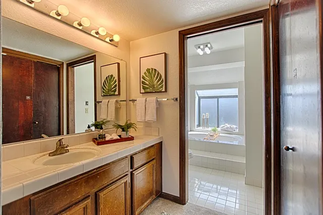 a bathroom with a sink a mirror and a shower