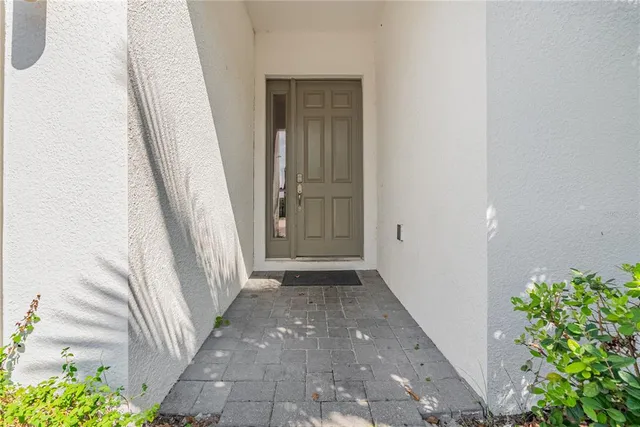 a view of a hallway with wooden walls and plants