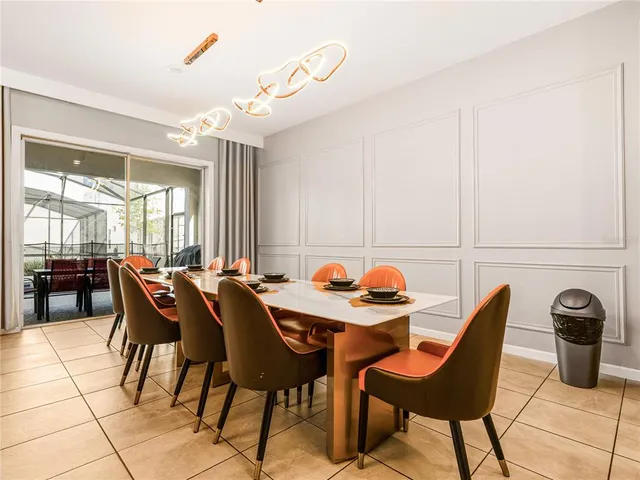 a view of a dining room with furniture and window