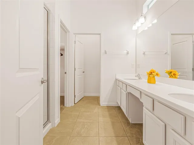 a bathroom with a sink a mirror and a shower