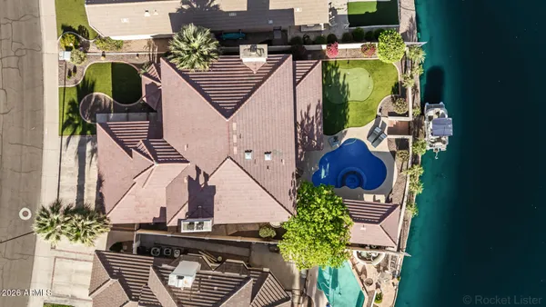 an aerial view of balcony and deck