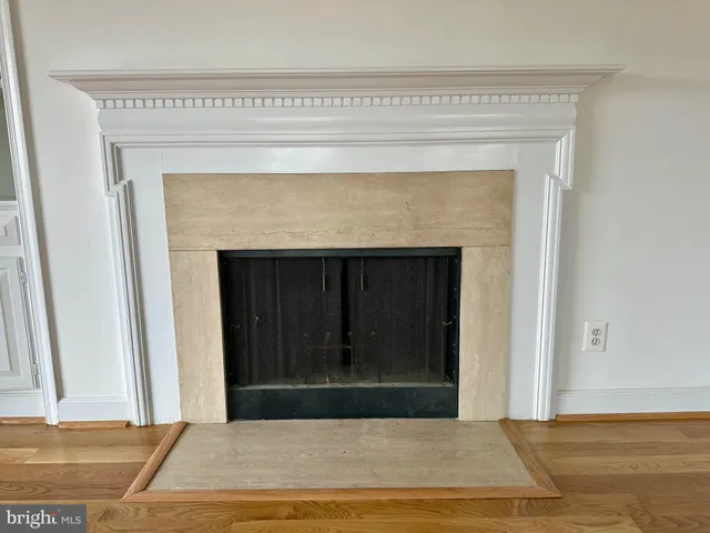 a view of empty room with wooden floor and fireplace