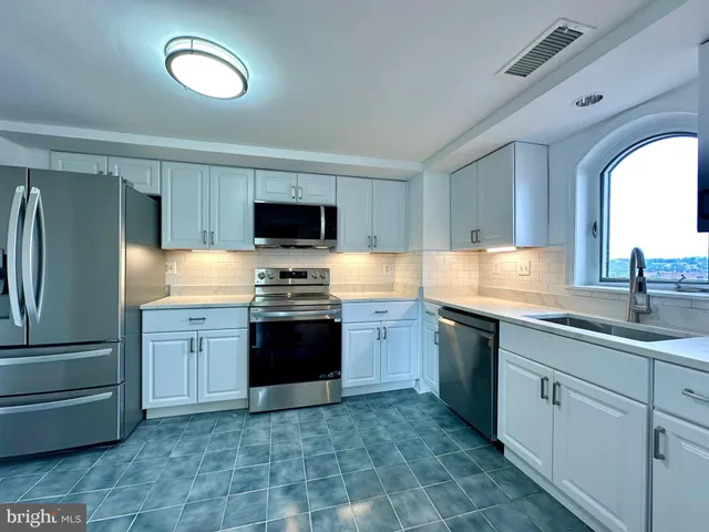 a kitchen with a sink cabinets and stainless steel appliances