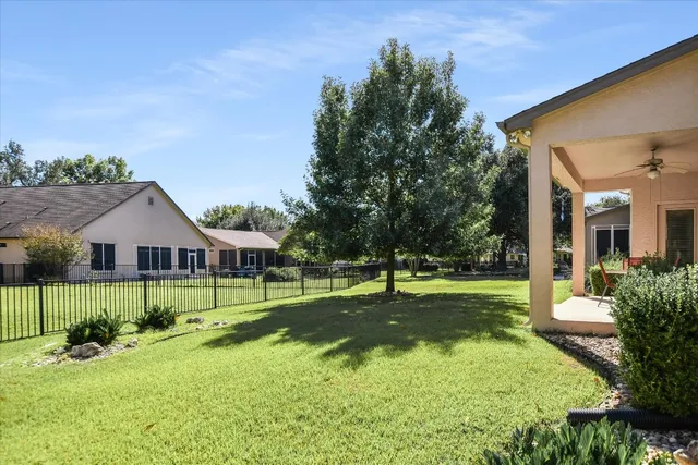 a view of an house with backyard and a tree