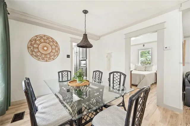 a view of a dining room with furniture