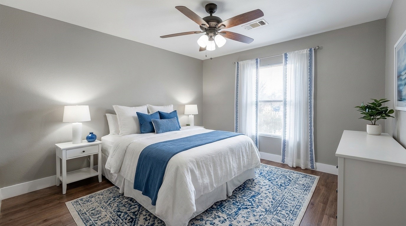 4826 Bristol Street Houston, TX 77009 - Photo 17 of 25 a bedroom with a large bed and a chandelier