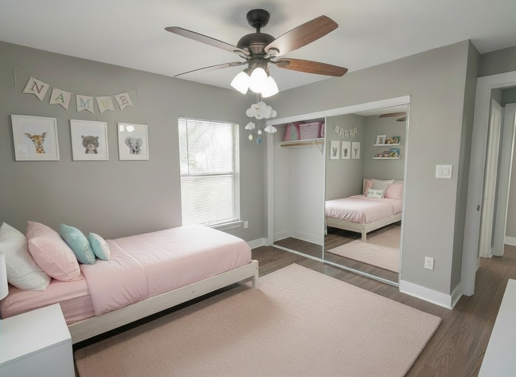 4826 Bristol Street Houston, TX 77009 - Photo 19 of 25 a bedroom with a bed and a chandelier