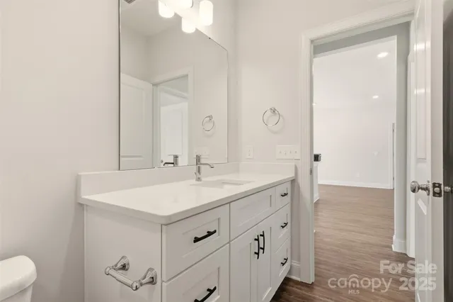 a bathroom with a sink a toilet a mirror and shower