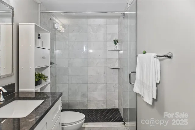 a bathroom with a sink a toilet and shower