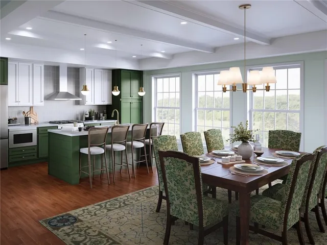 a view of a dining room with furniture window and outside view