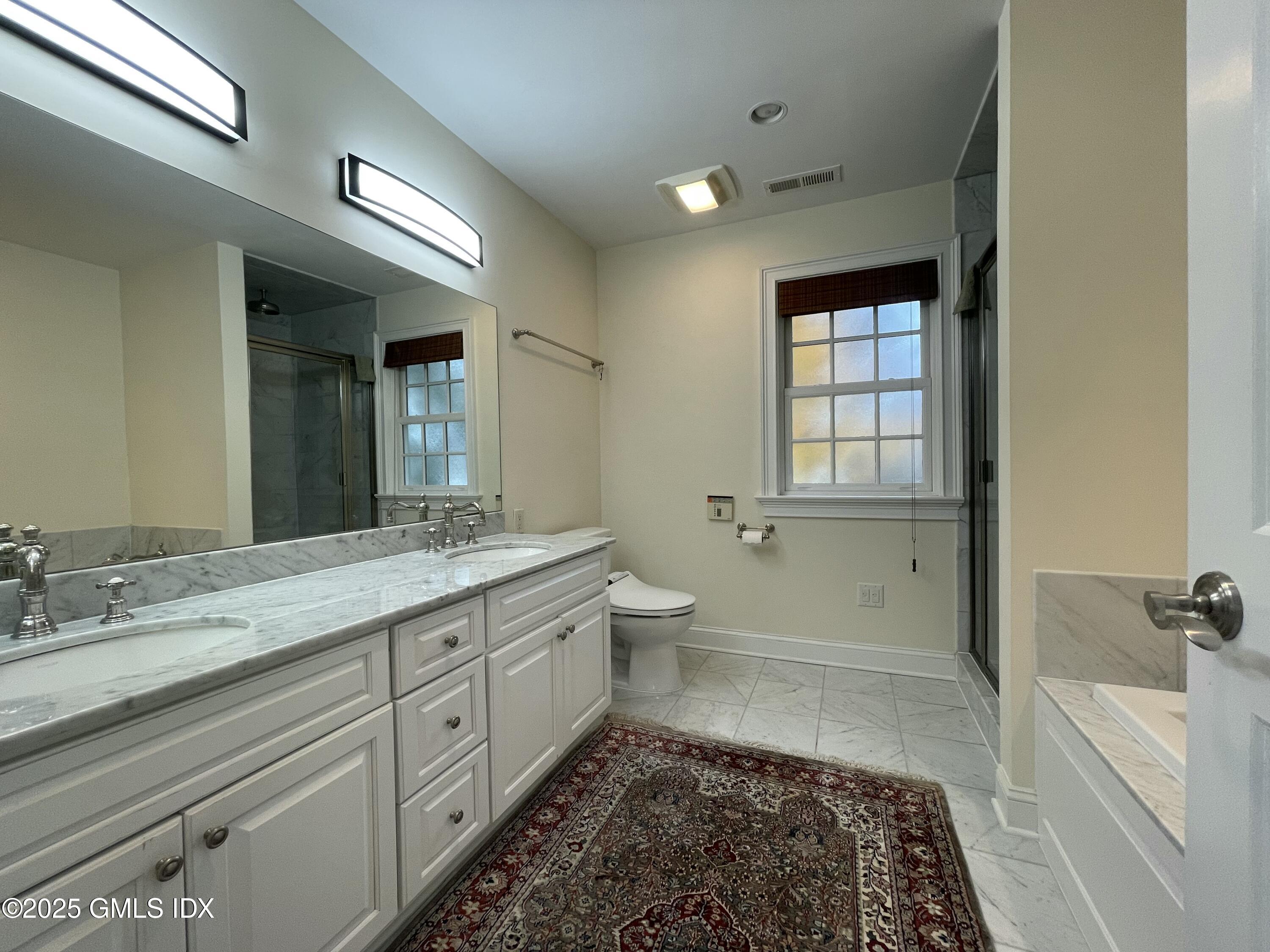 1 Northfield Street, Unit B Greenwich, CT 06830 - Photo 15 of 30 a bathroom with a granite countertop sink a toilet and shower