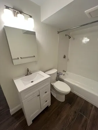 a bathroom with a double vanity sink toilet mirror and bathtub