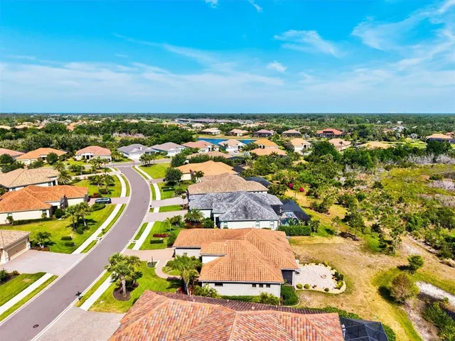 an aerial view of residential houses with outdoor space