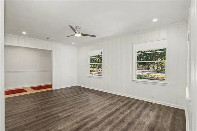 a view of a forest with trees in the background