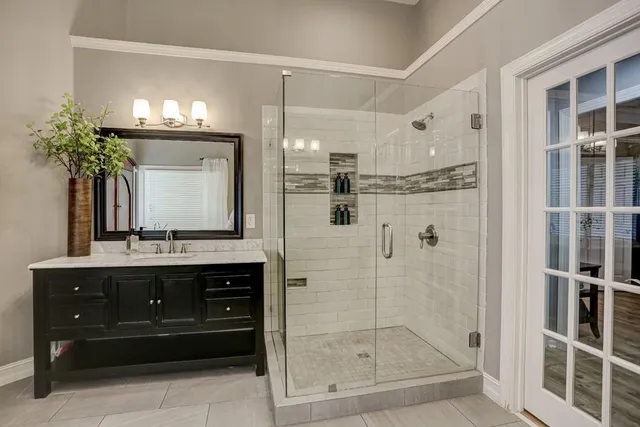 a view of backyard with seating area and green space