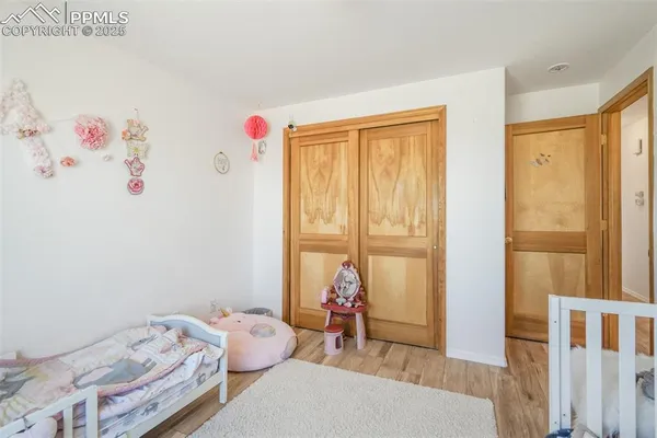 a room with a refrigerator and a shower curtain