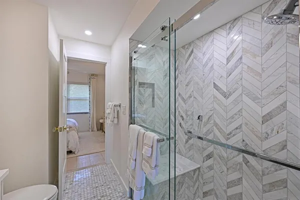 a bathroom with a shower and a toilet