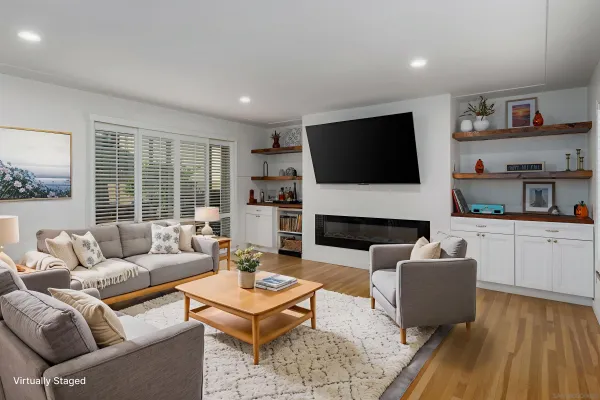 a living room with fireplace furniture and a flat screen tv