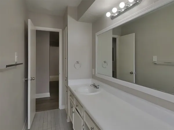 a bathroom with a sink a large mirror and a shower