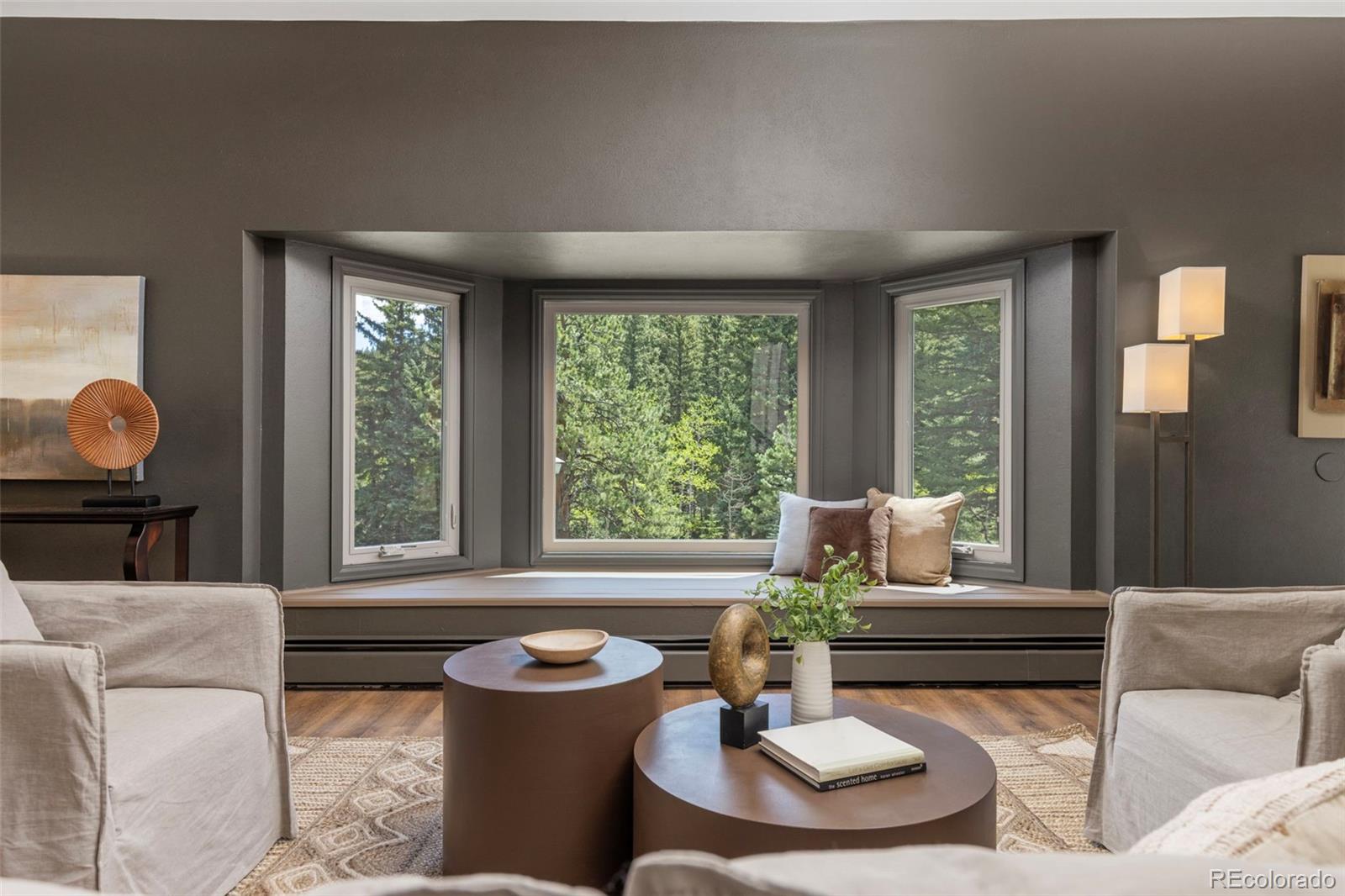 1323 South Snyder Gulch Road Evergreen, CO 80439 - Photo 30 of 47 a living room with furniture and a large window