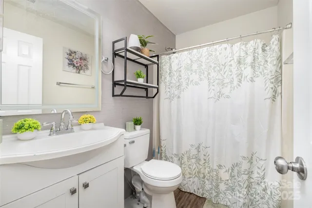 a bathroom with a sink a toilet and a shower curtain