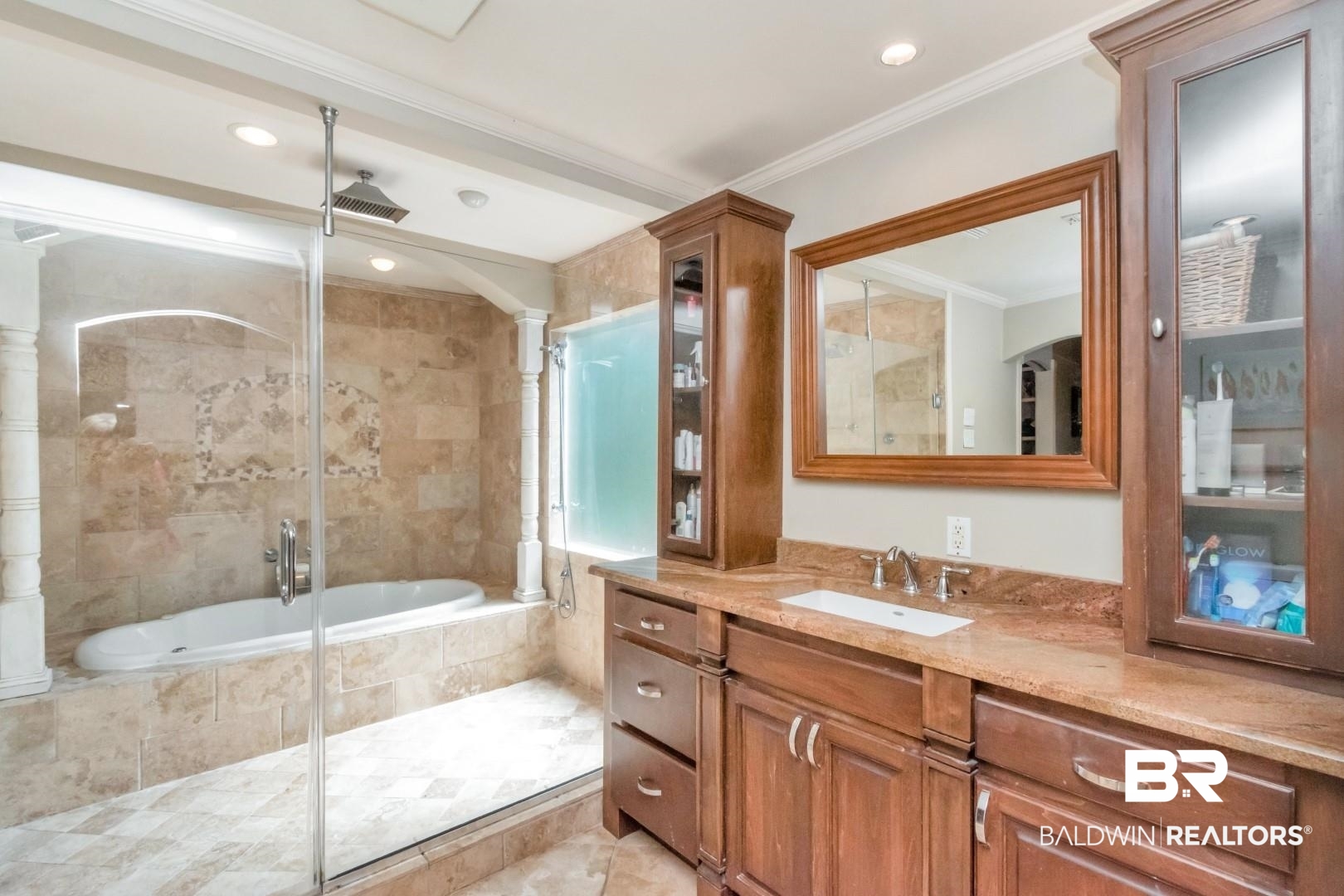 116 Florence Place Mobile, AL 36607 - Photo 24 of 41 Bathroom featuring vanity, plus walk in shower, tile patterned flooring, and ornamental molding