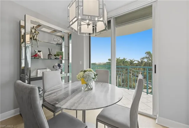 a view of a dining room with furniture window and outside view