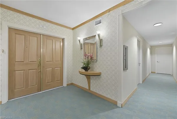 a view of a hallway with some storage