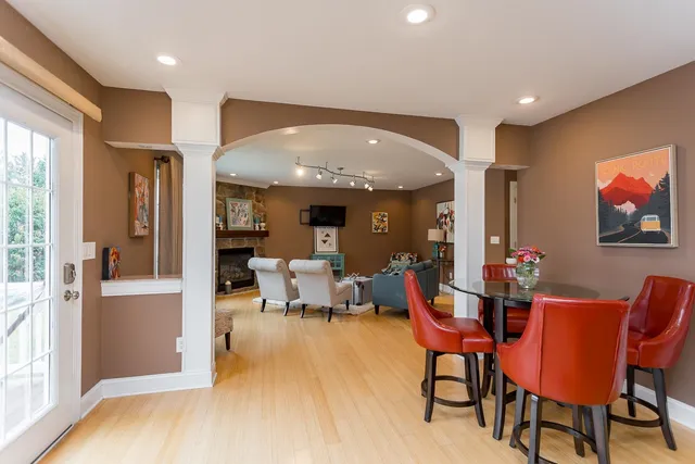 a view of a dining room with furniture