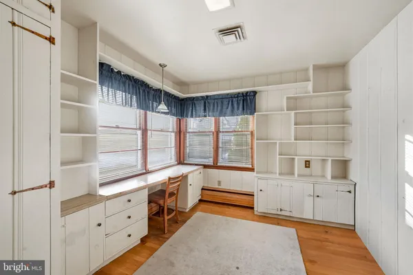 a view of a storage room with wooden floor