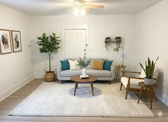 a living room with furniture and a potted plant