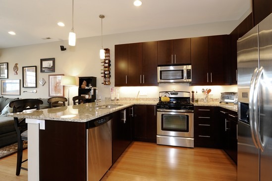1842 West Irving Park Road, Unit 201 Chicago, IL 60613 - Photo 4 of 13 a kitchen with stainless steel appliances granite countertop a sink stove and refrigerator