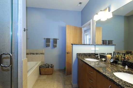 1842 West Irving Park Road, Unit 201 Chicago, IL 60613 - Photo 10 of 13 a bathroom with a granite countertop sink and a mirror