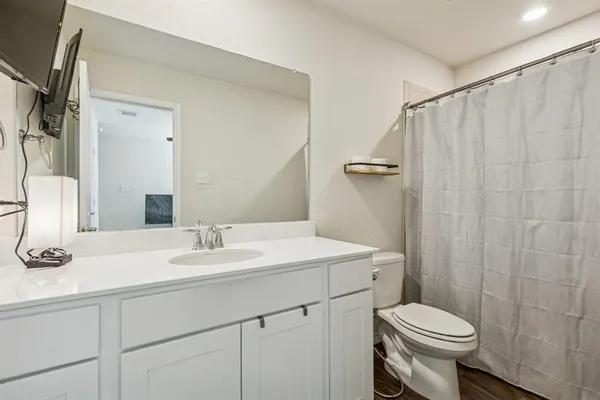 a bathroom with a sink a toilet a mirror and shower curtain