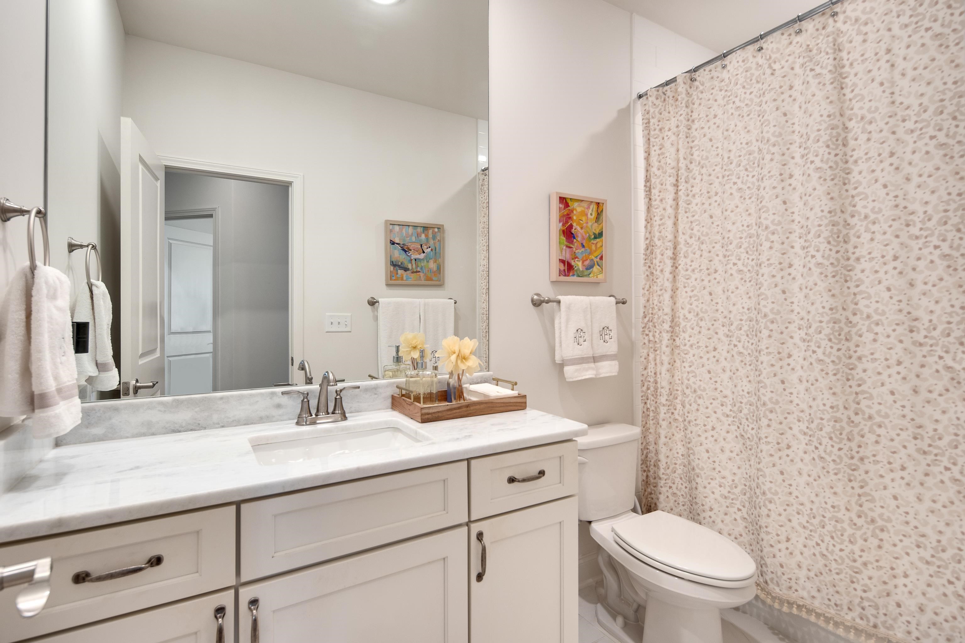 1389 Peyton Parkway Collierville, TN 38017 - Photo 28 of 38 a bathroom with a sink a toilet a mirror and shower curtain
