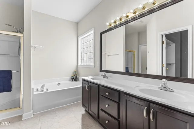 a bathroom with a tub double vanity sink and a large mirror