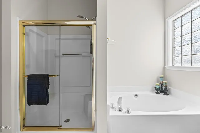 a bathroom with a bathtub and a shower