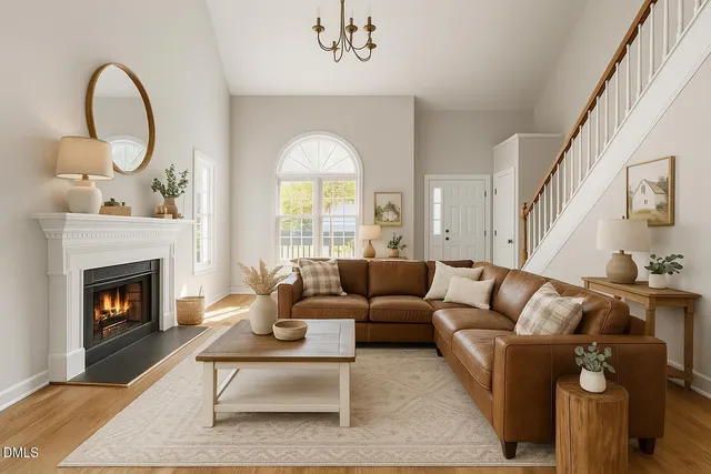 a living room with furniture and a fireplace