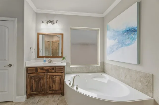 a bathroom with a tub sink and mirror
