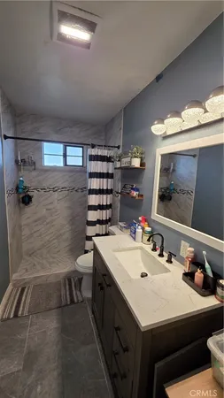 a bathroom with a sink a toilet and mirror