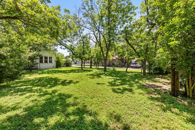 a view of green field with trees in the background
