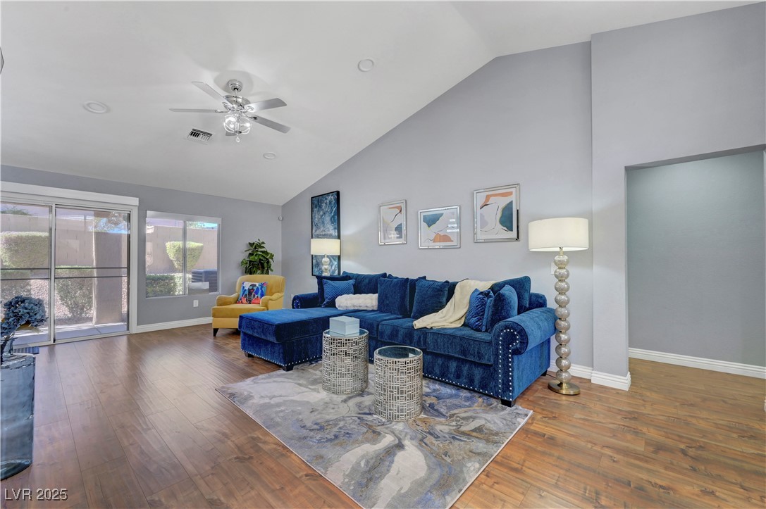 Undisclosed Address Las Vegas, NV 89134 - Photo 6 of 39 Living area featuring hardwood / wood-style flooring, high vaulted ceiling, and ceiling fan