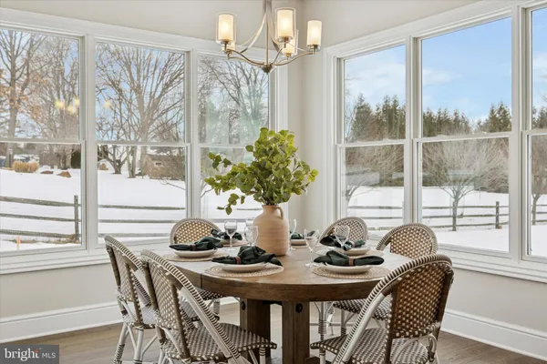 a view of a dining room with furniture window and outside view